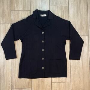 Jaeger 100% Wool Button Front Cardigan Sweater Black Made in Great Britain